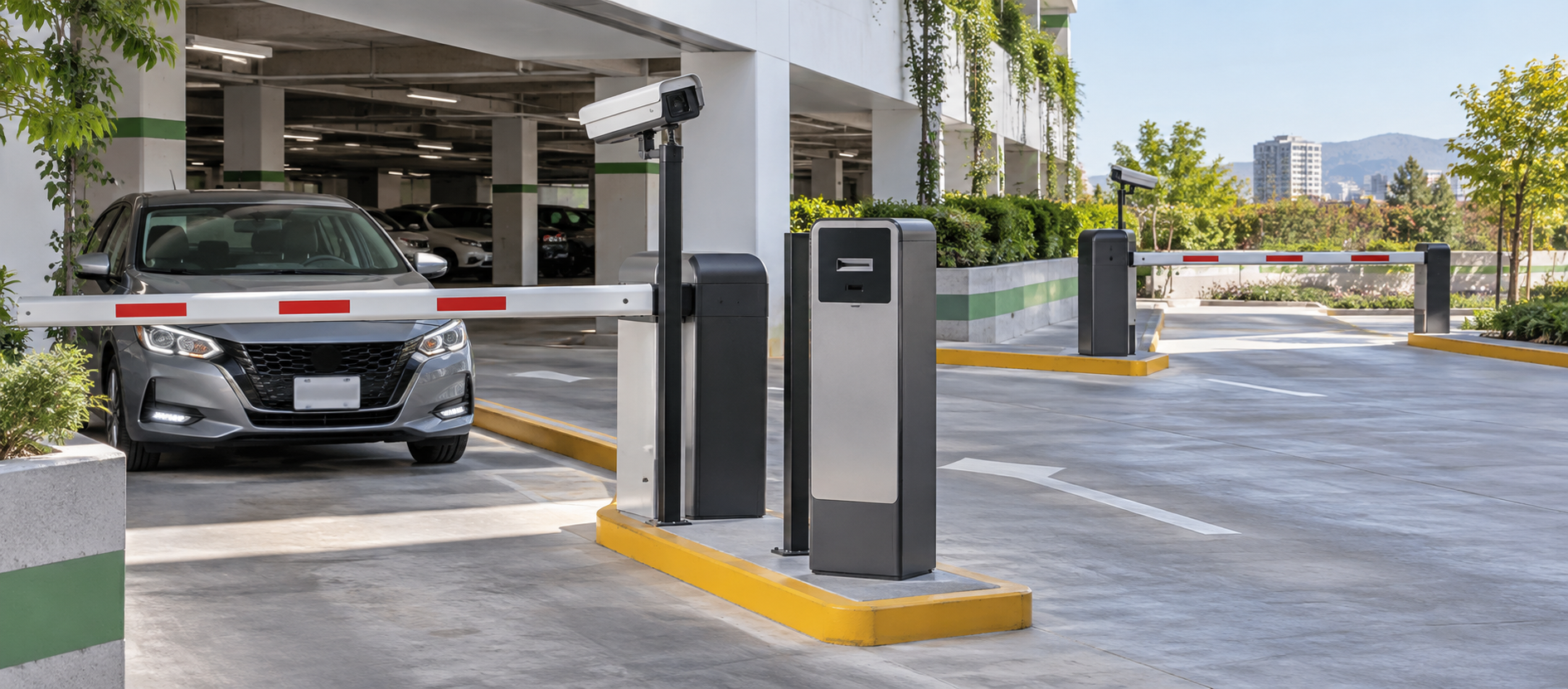 Acceso vehicular con barrera, cámara de lectura de placas y emisor de boletos