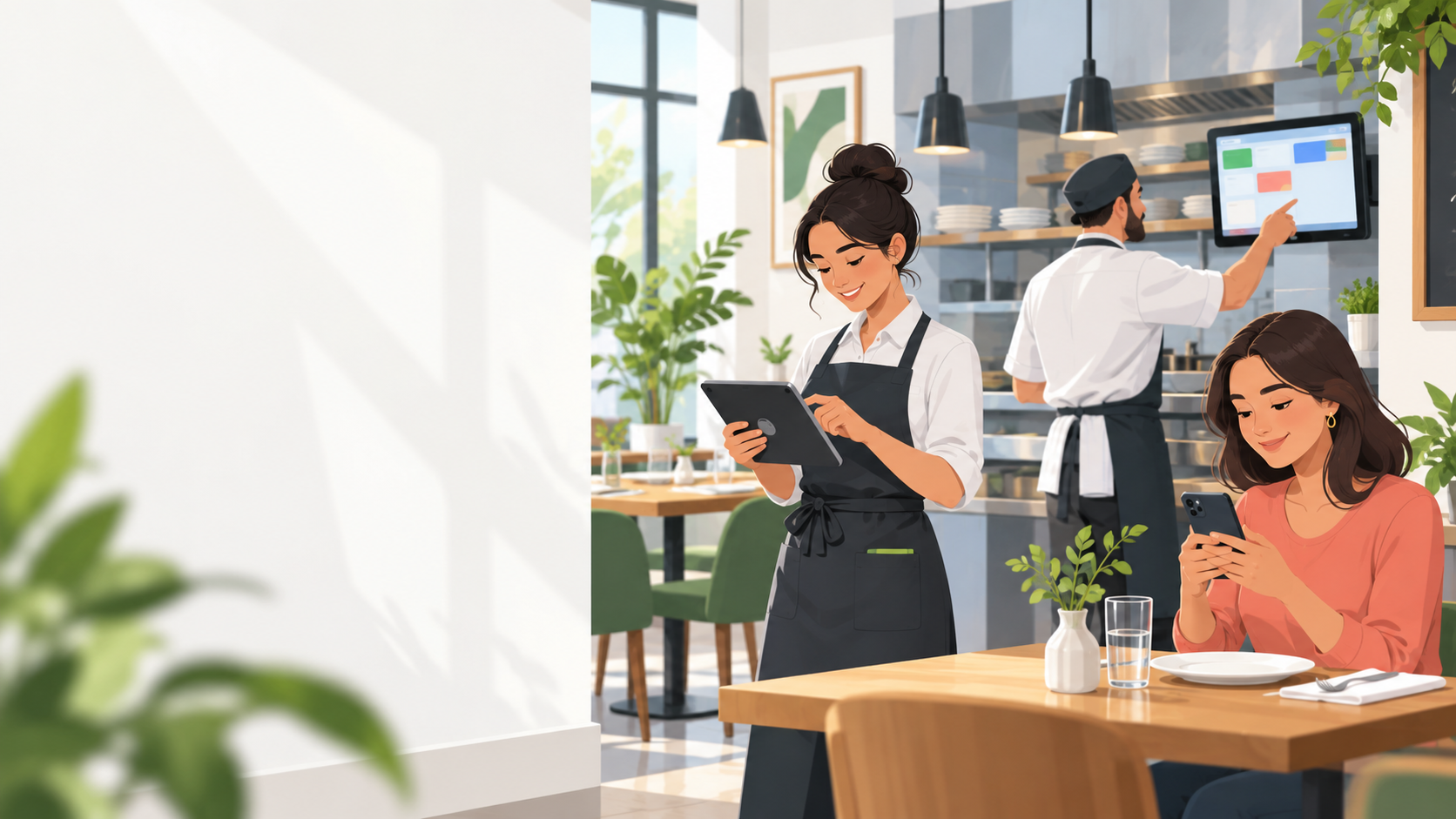 Restaurante operando con punto de venta, cocina y menú móvil